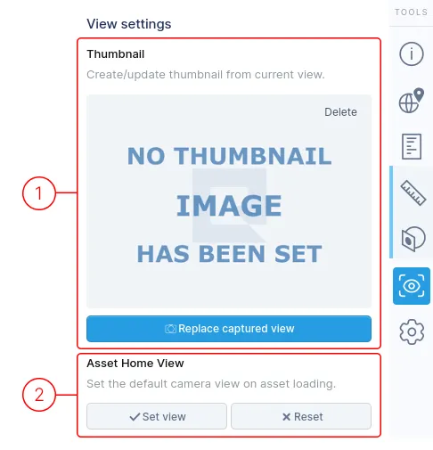 Asset view settings panel with thumbnail and home view options