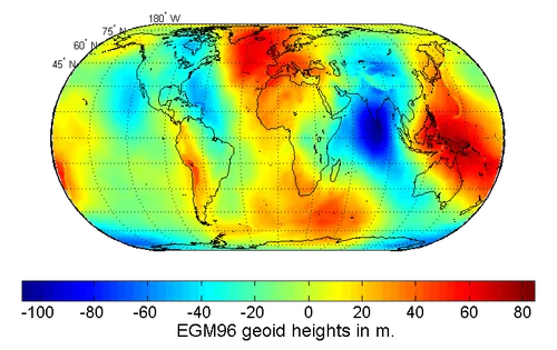 Earth Gravitational Model 1996 showing how the geoid's height varies across the planet